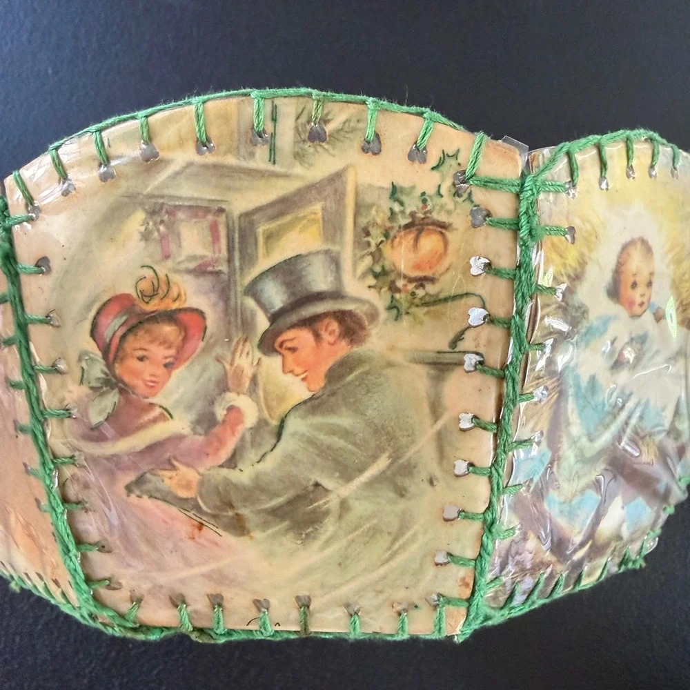 Vtg Homemade Christmas Card Bowl Green Handmade Mid Century Santa